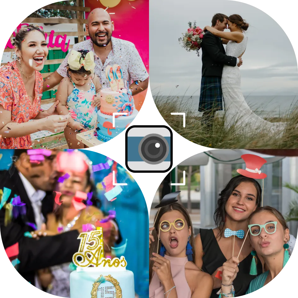Colage de fotos mostrando la cabina tipo cámara réflex de Snap Memory en bodas, XV años y eventos empresariales en CDMX.