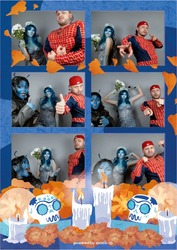 Interfaz rápida e intuitiva de la cabina de fotos Snap Memory operando con éxito en una dinámica fiesta de disfraces de la empresa.