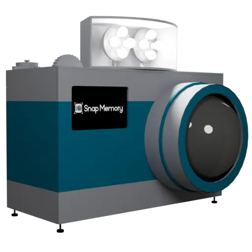 Original photobooth con forma de cámara reflex gigante vista desde un ángulo lateral, un elemento visual elegante e innovador para eventos corporativos y sociales.